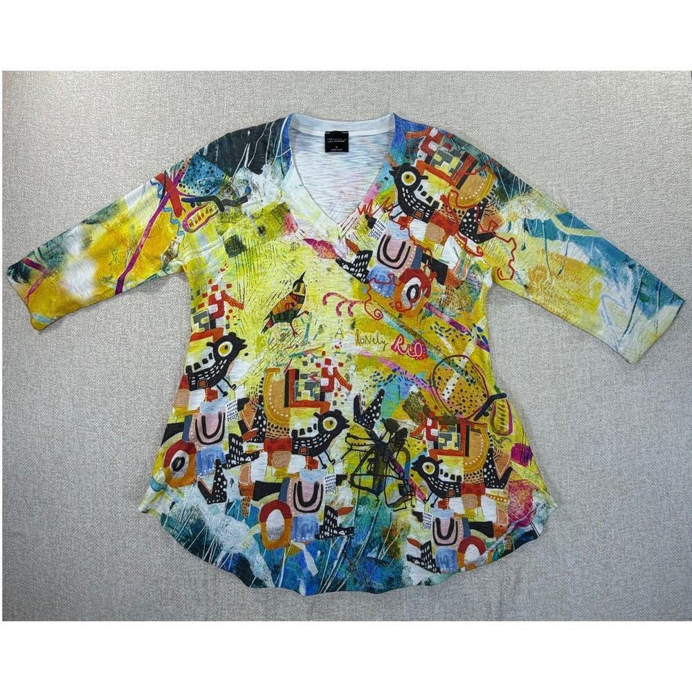 Inoah Women S Artsy Boho Abstract 3/4 Sleeve Lightweight Knit Sweater Top